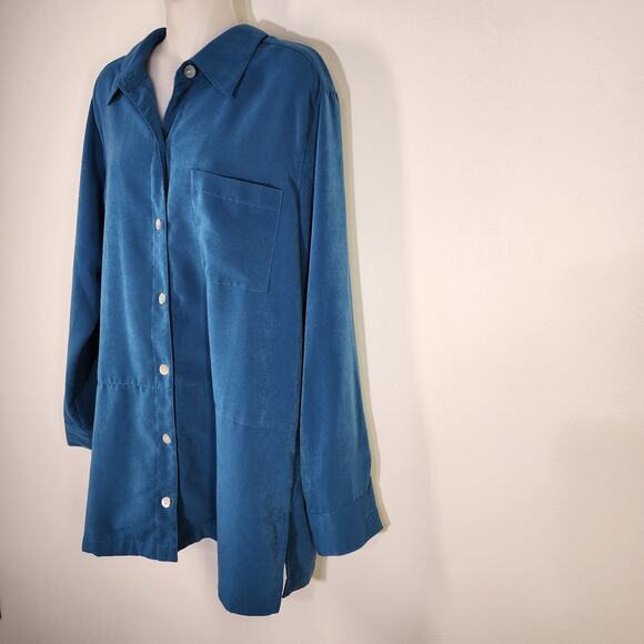 TravelSmith Womens Tunic Shirt Micro Suede Large Teal Blue Button Up Long Sleeve - Picture 5 of 10